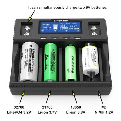 LitoKala Lii-D4XL Battery Charger for NiMH/Cd 1.2V D SC C AA AAA and Li-ion 3.7V 26700 26650 21700 18650 Battery LCD Display