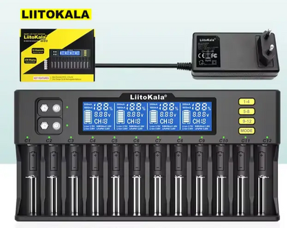 LiitoKala Lii-S12 Intelligent Charger 12 Slot Suitable for  LiFeP04 Li-ion NiMH for 26700 26650 21700 18650 AA AAA  C Batteries